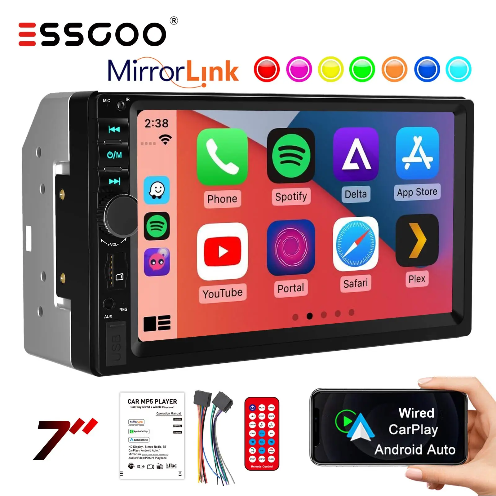 ESSGOO 7 Inch Carplay/Android Auto 2 DIN Car Stereo Head Unit Radio AUX FM USB Multimedia BT Handsfree MP5 Player