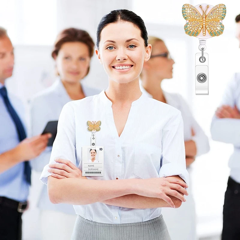 4 Pieces Butterfly Rhinestone Badge Reels Retractable Crystal Sunflower Badge Holder Name ID Badge Holder With Clip