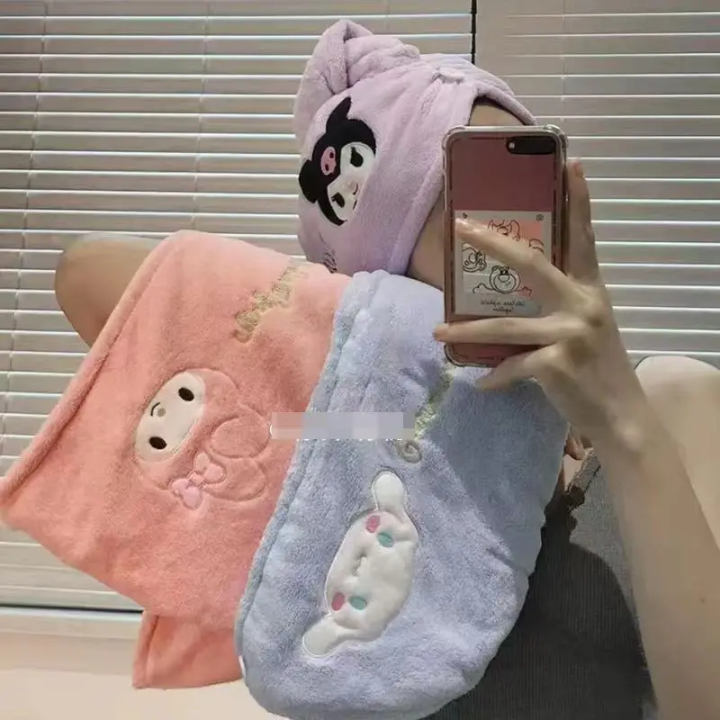 Sanrio Hello kitty Kuromi Cinnamoroll My melody lucu kreatif kartun bordir pola rumah baru coral beludru kering topi rambut