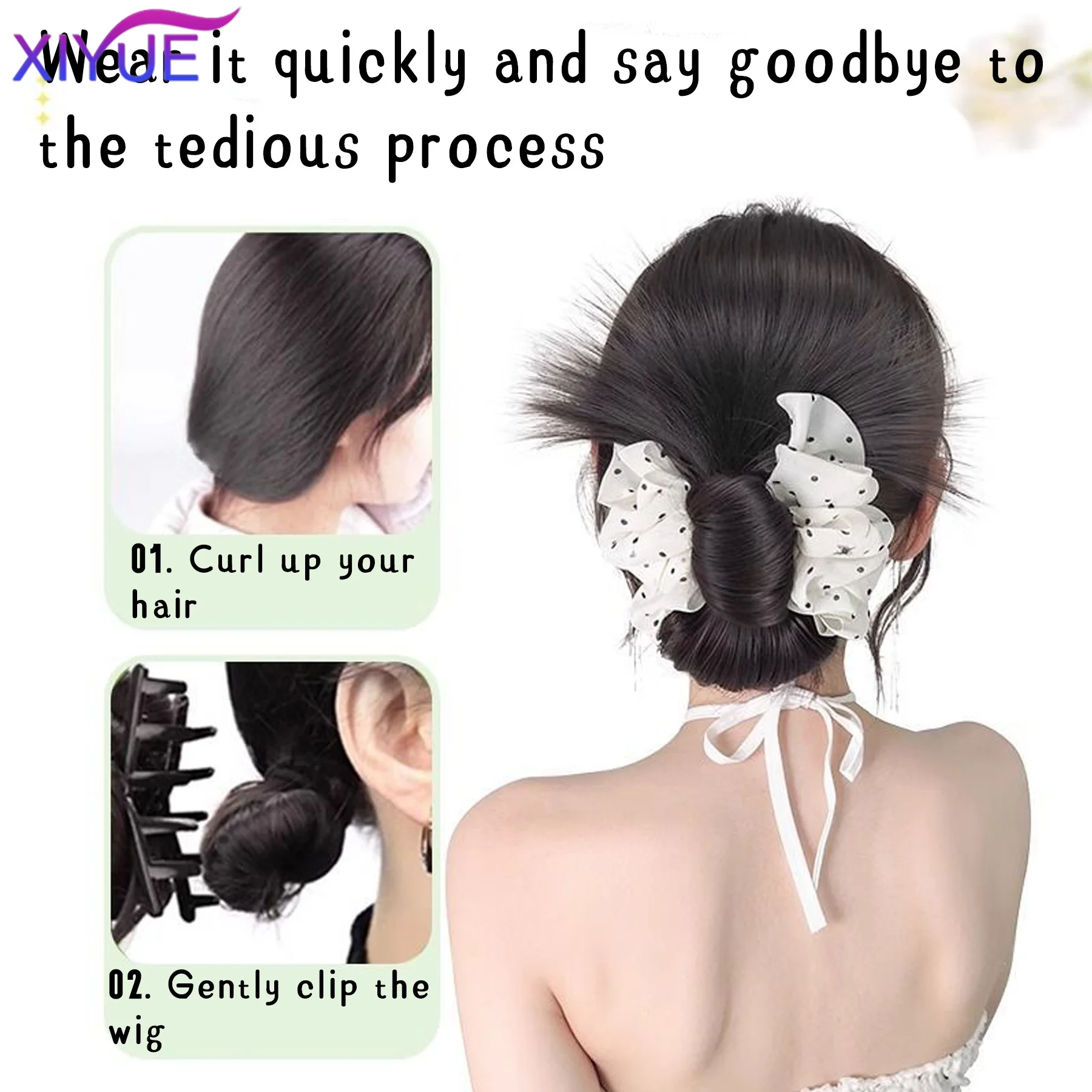 XIYUE Synthetic black and white flower chicken hair bun wig for women lazy grasping pinching hair bun fluffy low tie curly hair