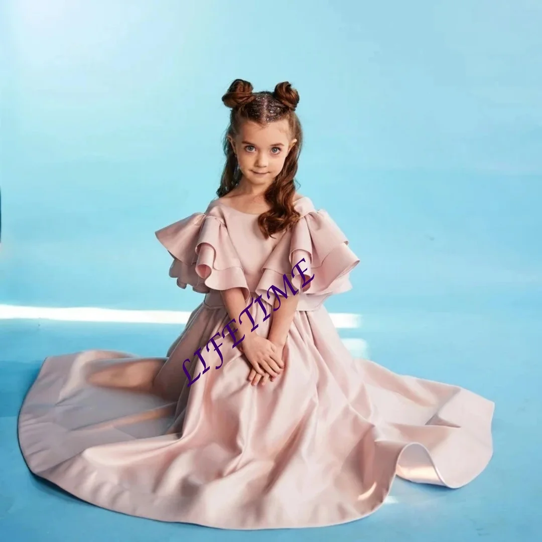 Customized Satin A-Line/Princess Flower Girl Dress with Ruffled Sleeves And Backless Design for Kids 2-14 First Communion Weddin