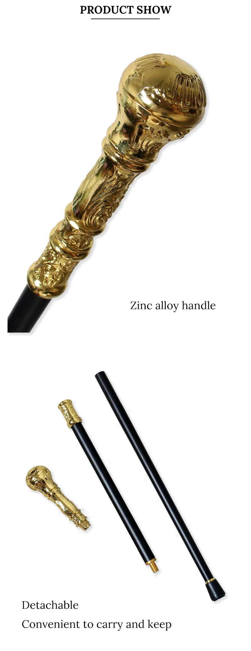 Shiny Gold Alloy Victorian Walking Cane With Round Handle Detachable Vintage Walking Stick Cosplay Party Prop for Men And Women