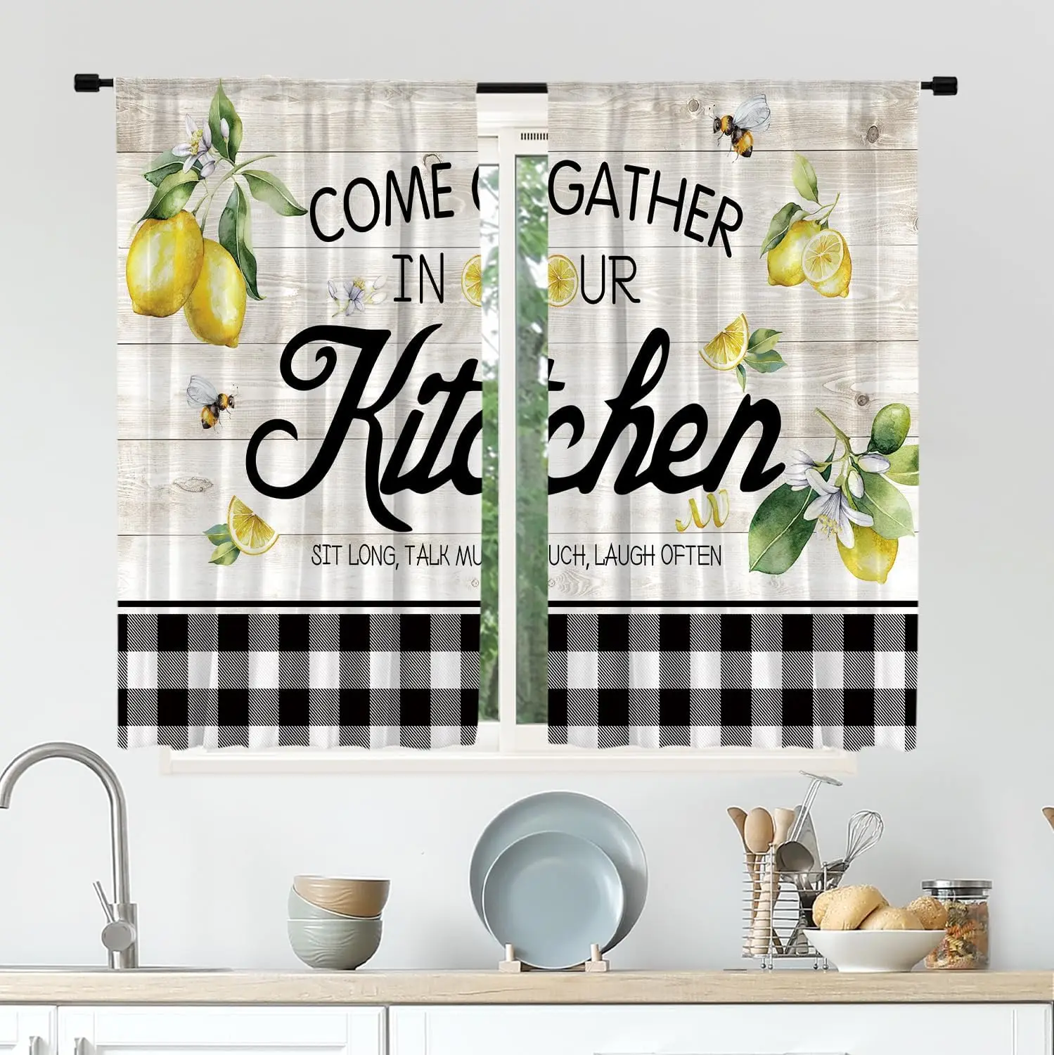 Rustic Lemon Kitchen Curtains, Farmhouse Wood Plank & Buffalo Check Drapes with Rod Pocket,  Window Panels