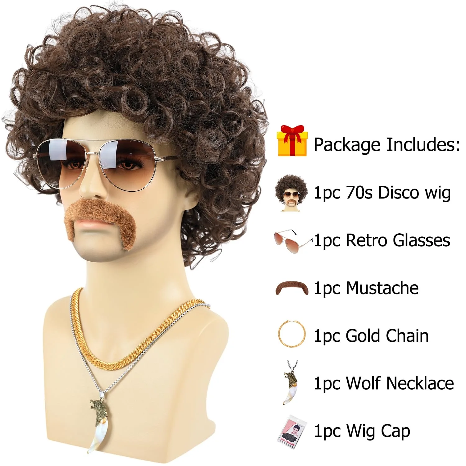 70s 80s Costume Wigs for Men with Mustache Glasses and Chain Short Brown Shaggy Disco Wig for Rocker Singer Hippie synthetic