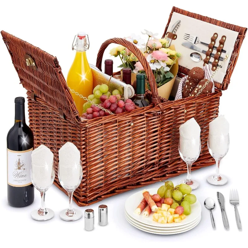 Wicker Picnic Basket for 4 with Utensils, Glasses, and Insulated Cooler Bag - Luxury Camping, Picnic Essentials, Picnic Kit