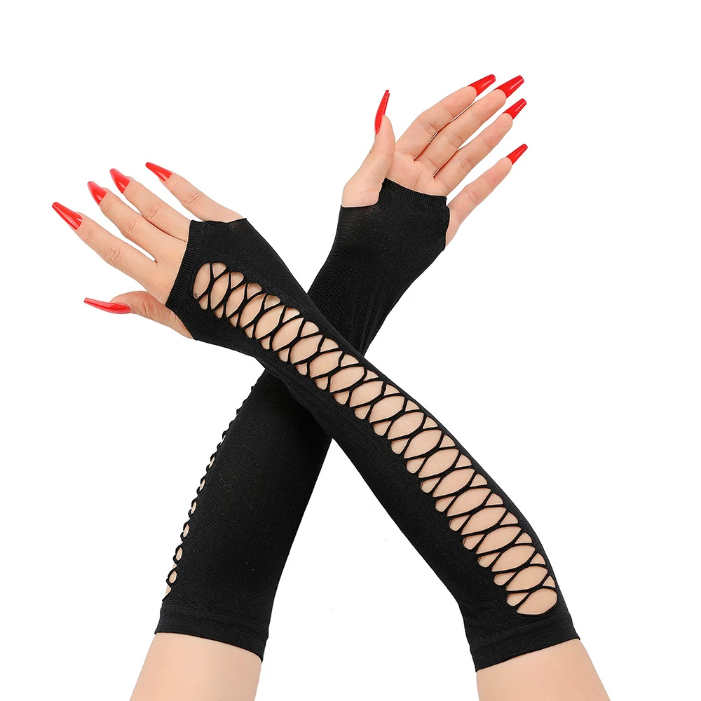 Vintage Party Cosplay Mesh Stretch handschuhe Nachtclub tanzen Halb finger Spaß Netz handschuhe Frauen lange gebrochene Loch Arm Ärmel