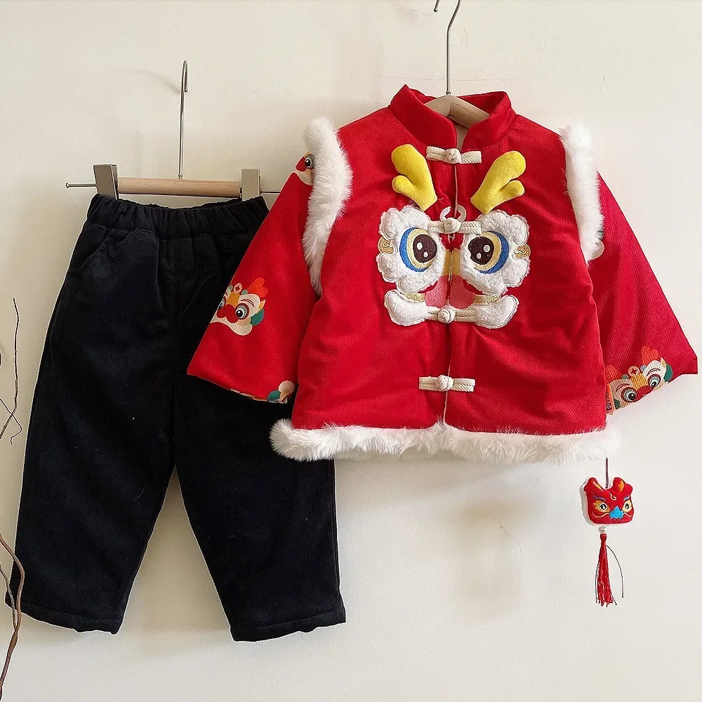 2024 Winter Children\'s Clothing for Boys Chinese New Year Baby Digital Dragon Embroidery Thicken Pendant Baby Red Tang Suit Kids