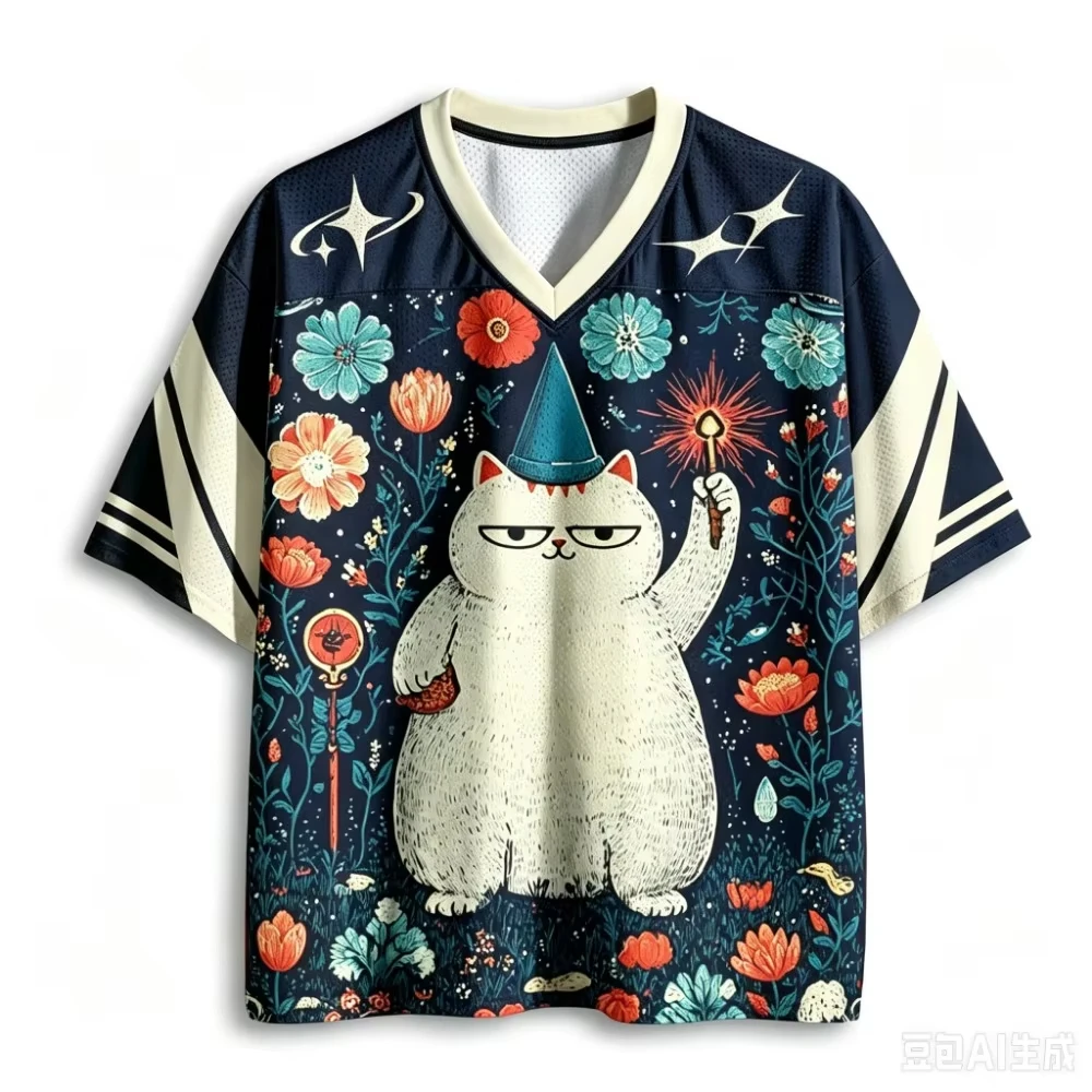 Vintage Wizard Cat Floral Garden Graphic Mesh Jersey V‑Neck Short Sleeve Loose Sports Top Men Women Streetwear Casual Tee