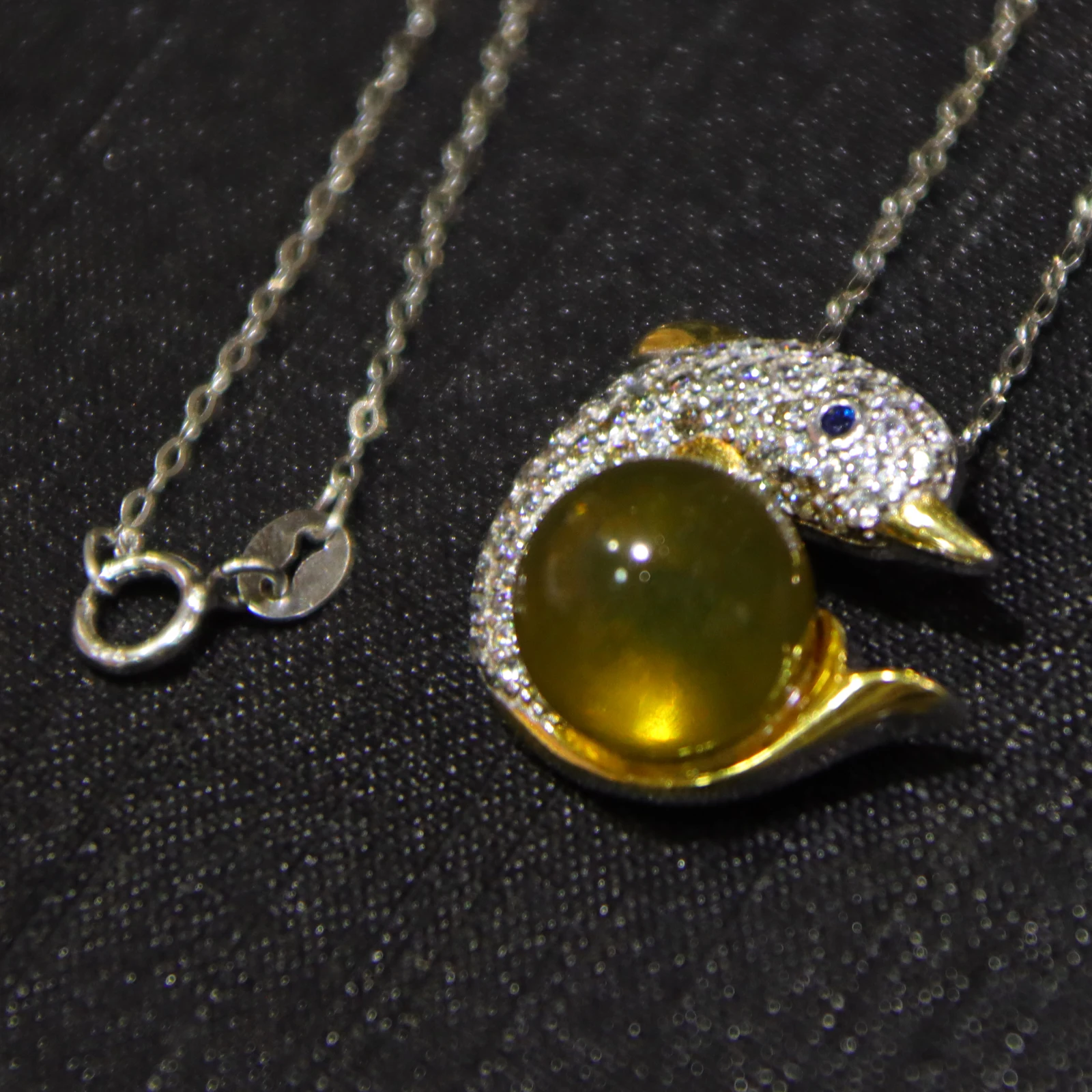 Natural Mexican Blue Amber Pendant 10mm Solid Silver Dolphin Animal Design Whimsical Creative Jewelry Gift for Women and Girls