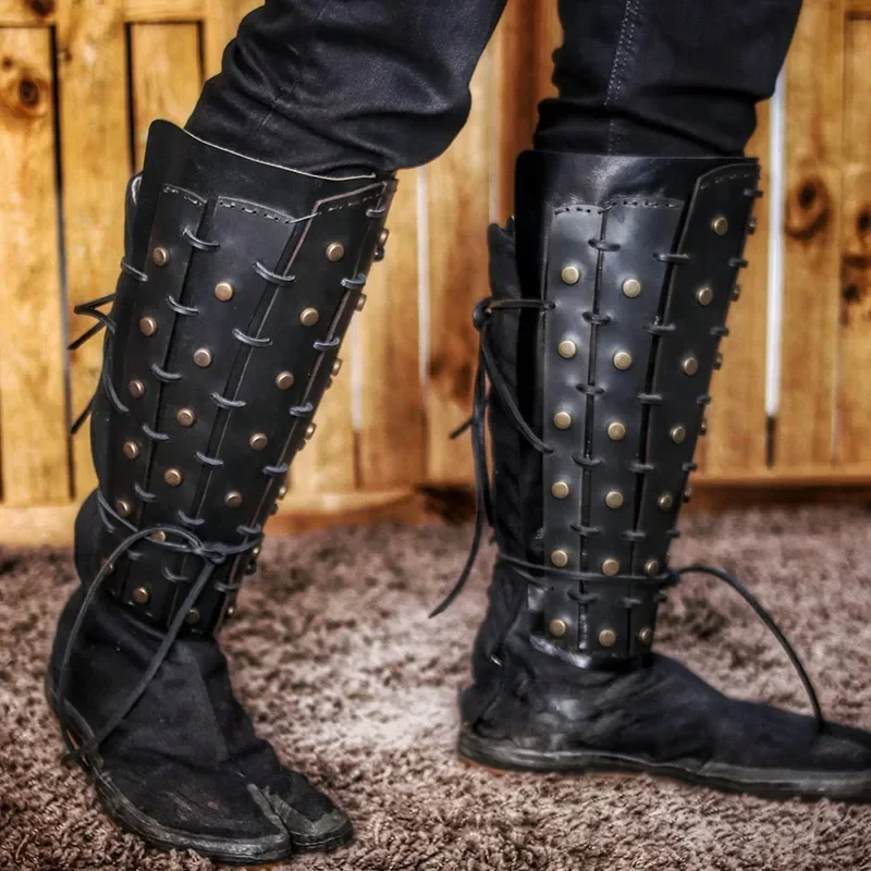 

Coslan Medieval Steampunk Samurai Knight PU Leg Armor Greaves Viking Pirate Shin Guard Fantasy Gaiters Boot Shoes Cover Cosplay