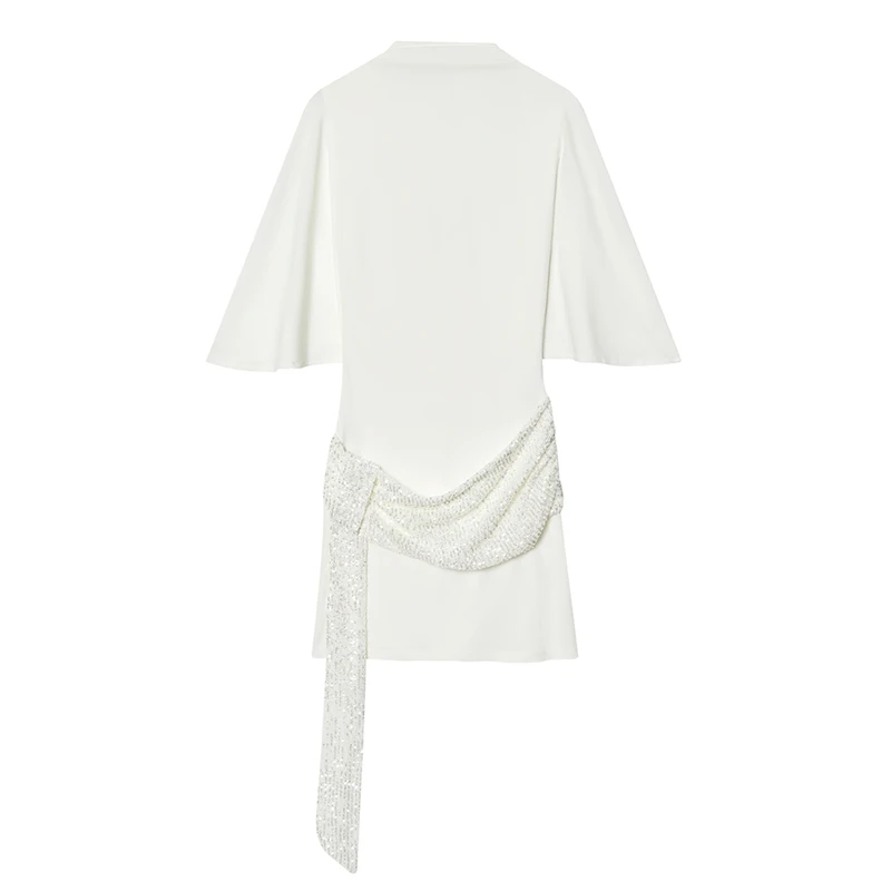 YENKYE Witte mini-jurk met capemouwen voor dames, gedrapeerde pailletten-sjerp in de taille, cocktailparty, sexy jurken zonder rug
