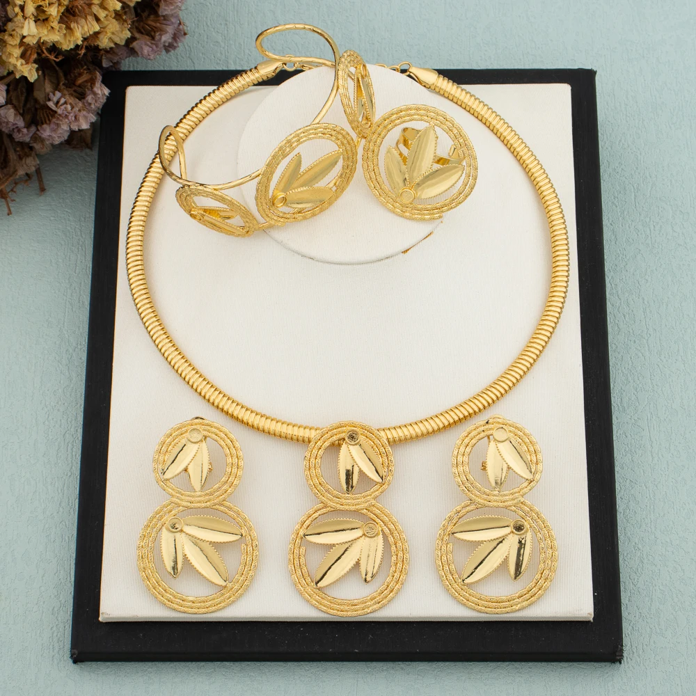 

African Fashion Necklace Leaf Design Earrings Luxury Copper Round Bangle Ring Gold Plated Jewelry Set Party Ethiopia Bride Gift