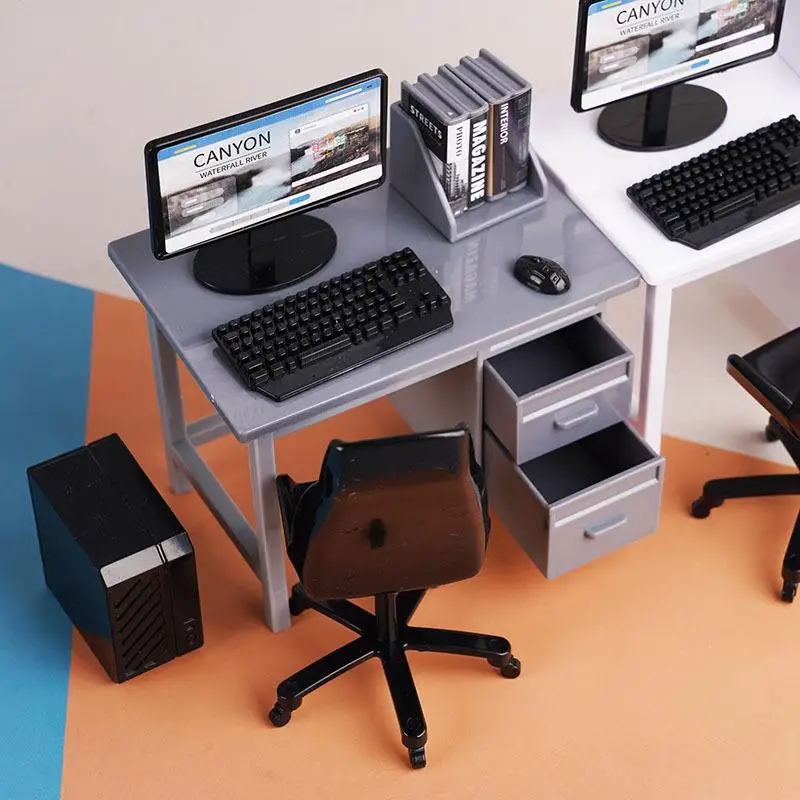 1 Set 1/12 Dollhouse Miniature Computer Keyboard Desk Chair Kit Home Study Room Furniture Decor Micro Scene Props