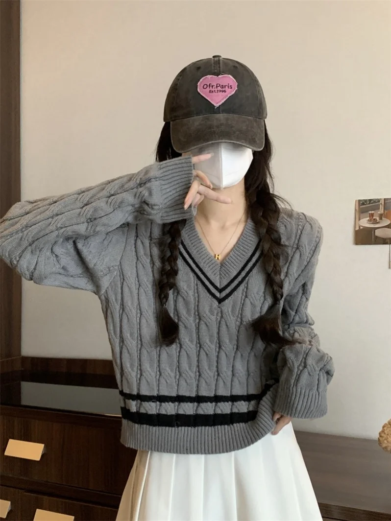 Koreanische Sle Anti-Aging College Sle V-Ne Weiche Pullover frauen Herbst Winter ort Design Streifen Gestrickte Basis irt top