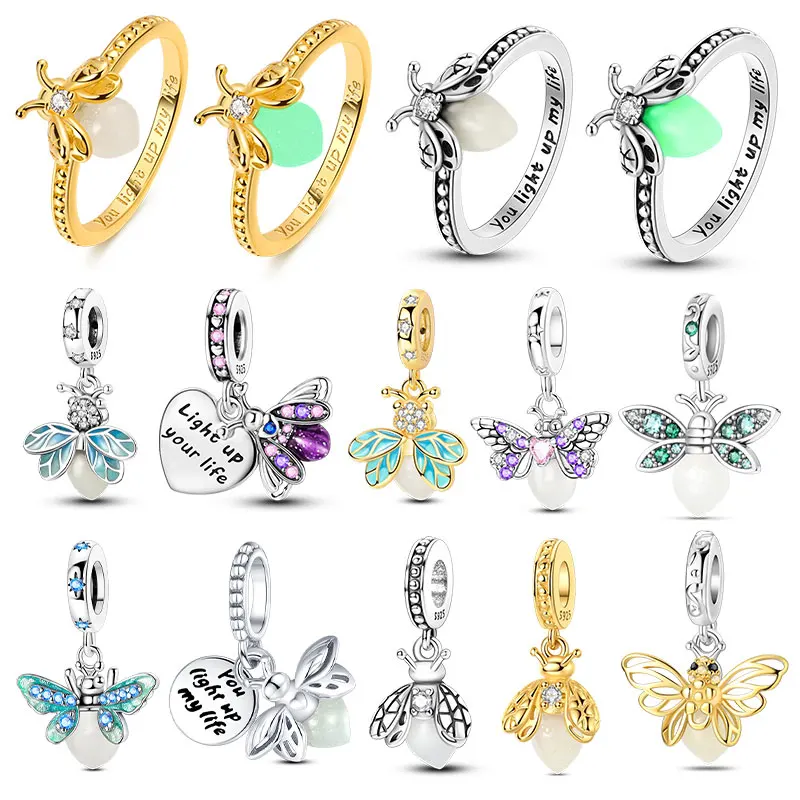 Charm 925 Silver Glow-In-The-Dark Fireflies Charms Beads And Ring Fits Original Silver Bracelet DIY Fine Jewelry For Women Gift
