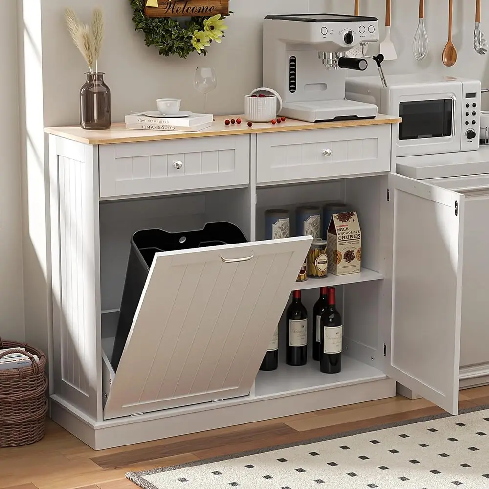 

Dual Door Trash Cabinet Kitchen Waste Bins, Laundry Hamper Tilt Out Trash Can Cabinet with Hideaway Drawer Storage Bag,13 Gallon