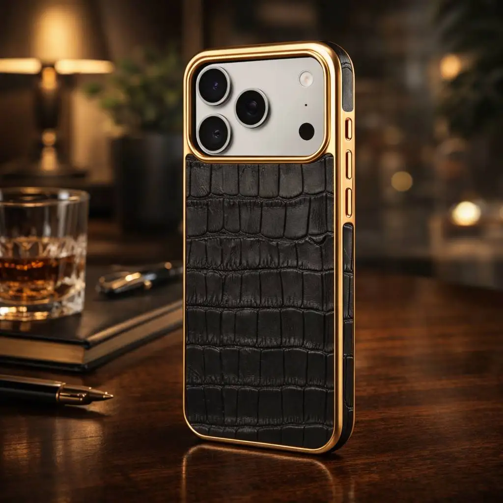 

Luxury Crocodile Pattern Genuine Leather Case for with iPhone 16 17 15 14 Pro Max Plating Shockproof Wireless Charge Cover Funda