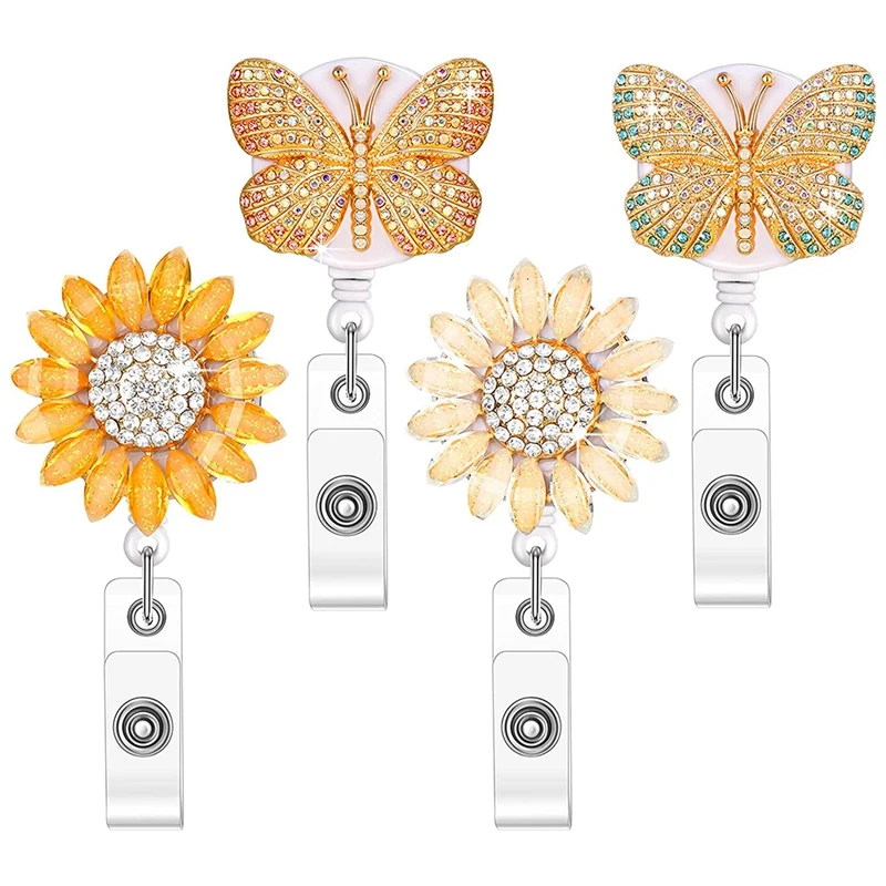 4 Pieces Butterfly Rhinestone Badge Reels Retractable Crystal Sunflower Badge Holder Name ID Badge Holder With Clip