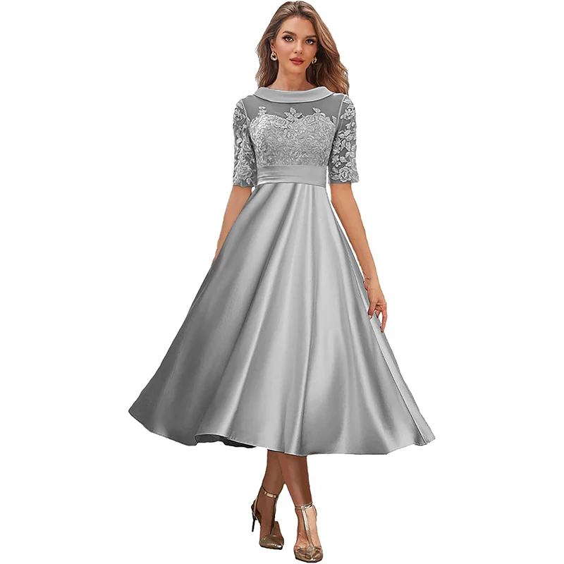 신부 어머니 드레스 쉬폰 레이스 아플리케 반소매 티 길이 정장 우아한 웨딩 파티 게스트 2023 신상 맞춤 제작