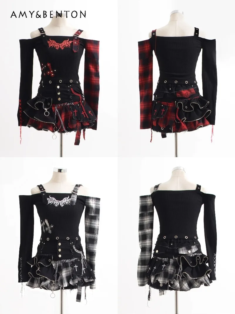 

Japanese Mine Series Subculture Dark Punk Zipper Plaid Patchwork Irregular Mini Skirt Y2K Hot Girl High Waist Punk Style Skirts