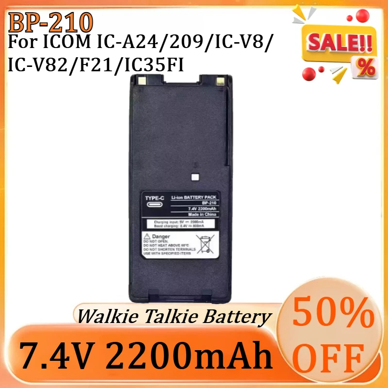 BP-210 2200mAh Type-C USB Replacement Li-ion Battery for ICOM IC-A24/209/IC-V8/IC-V82/F21/IC35FI Two Way Radios Battery