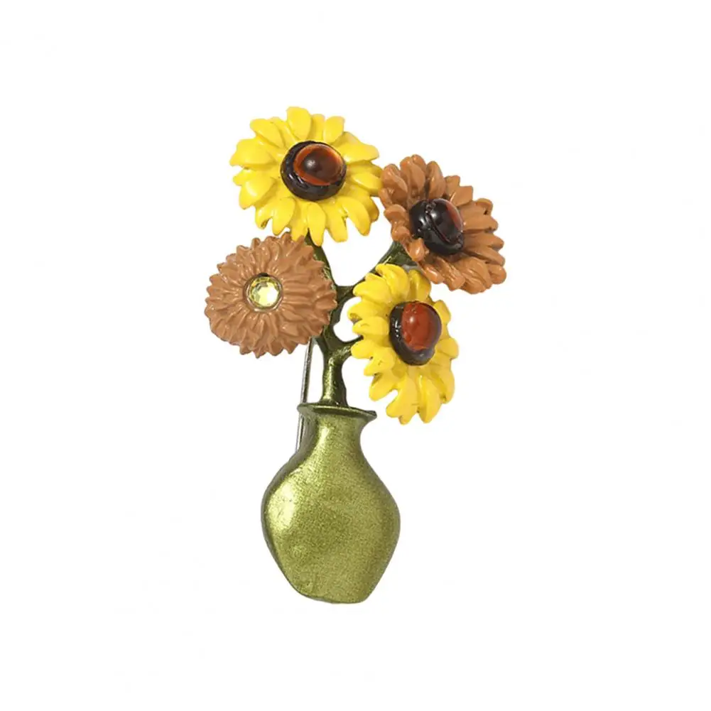 Formal Brooch Elegant Sunflower Vase Brooch for Women Retro Enamel Pin for Coat Scarf or Hat Anti-slip Polished for Party