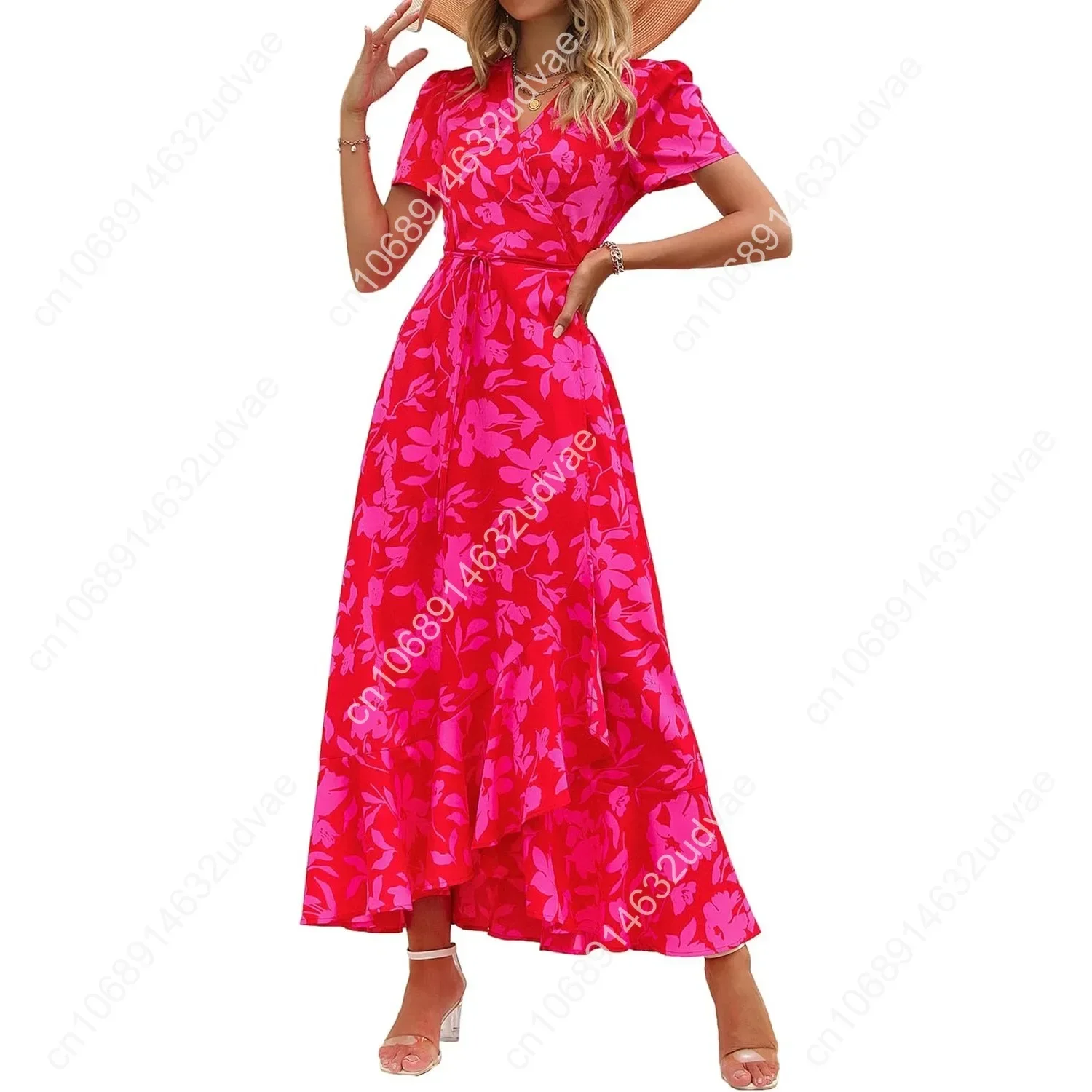 

Summer Wrap Maxi Dress Women's Casual Boho Floral V Neck Short Sleeve Ruffle Hem Split Beach Long Dresses