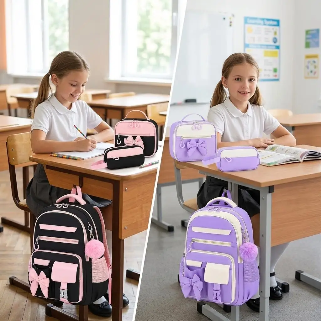 Cute Waterproof Schoolbag Pompom Pendant Student Bag Kit Color Block Book Pack Children Meal Carrier Girls Campus Bag