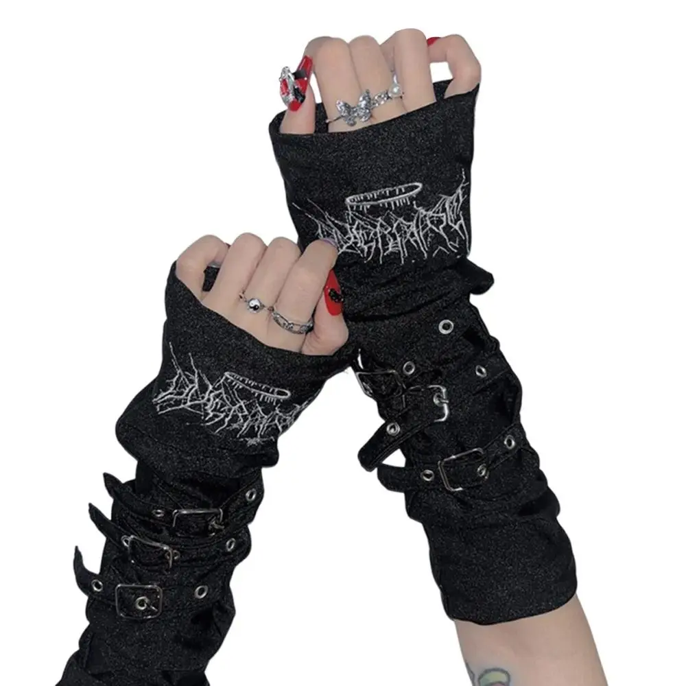 Creative Metal Buckle Arm Sleeves Dark Punk Y2K Sunscreen Gloves Japanese Embroidery Half Finger Sleeves Women