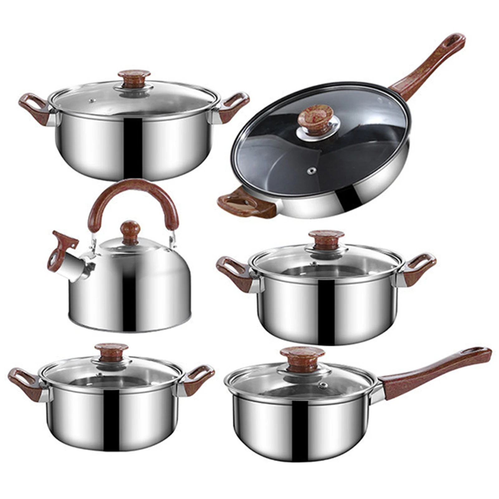 

12Pcs Pots and Pans Cooking Set with 3L Kettle Nonstick Kitchen Stainless Steel Pans Induction Set with Lids Portable Dishwasher