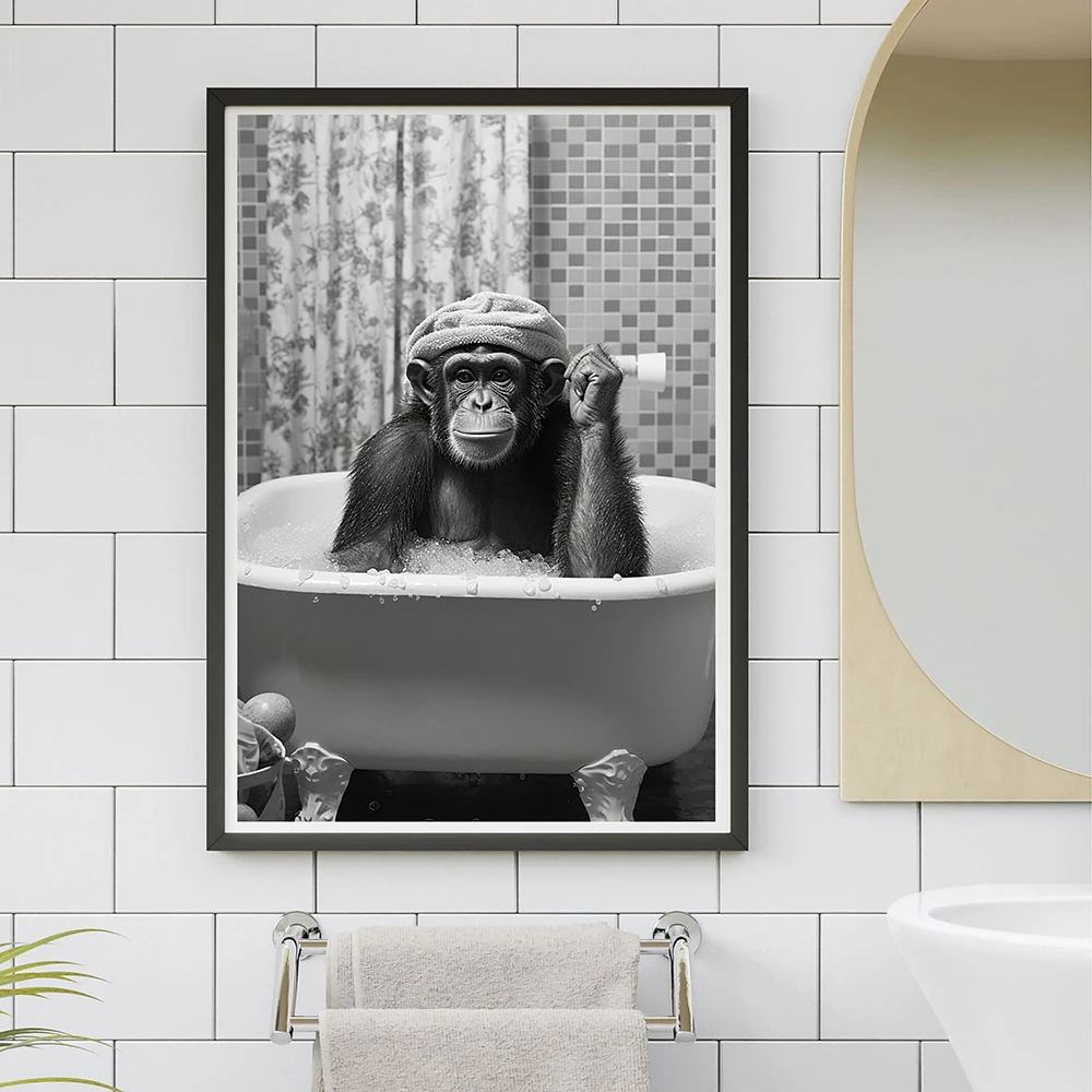 Monkey In A Bathtub Bathroom Poster Monkey In Tub Print Whimsy Animal Wall Art Toddler Gorilla Canvas Painting Room Home Decor