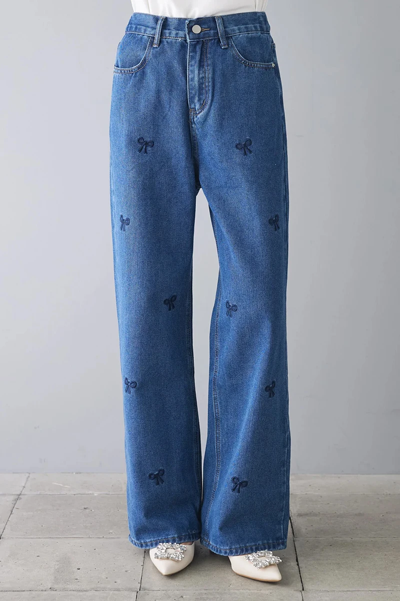 Jeans in Denim lavato con ricamo a fiocco donna stile americano nuovi pantaloni a gamba larga ricamati a vita alta con lettera sottile pantaloni dritti