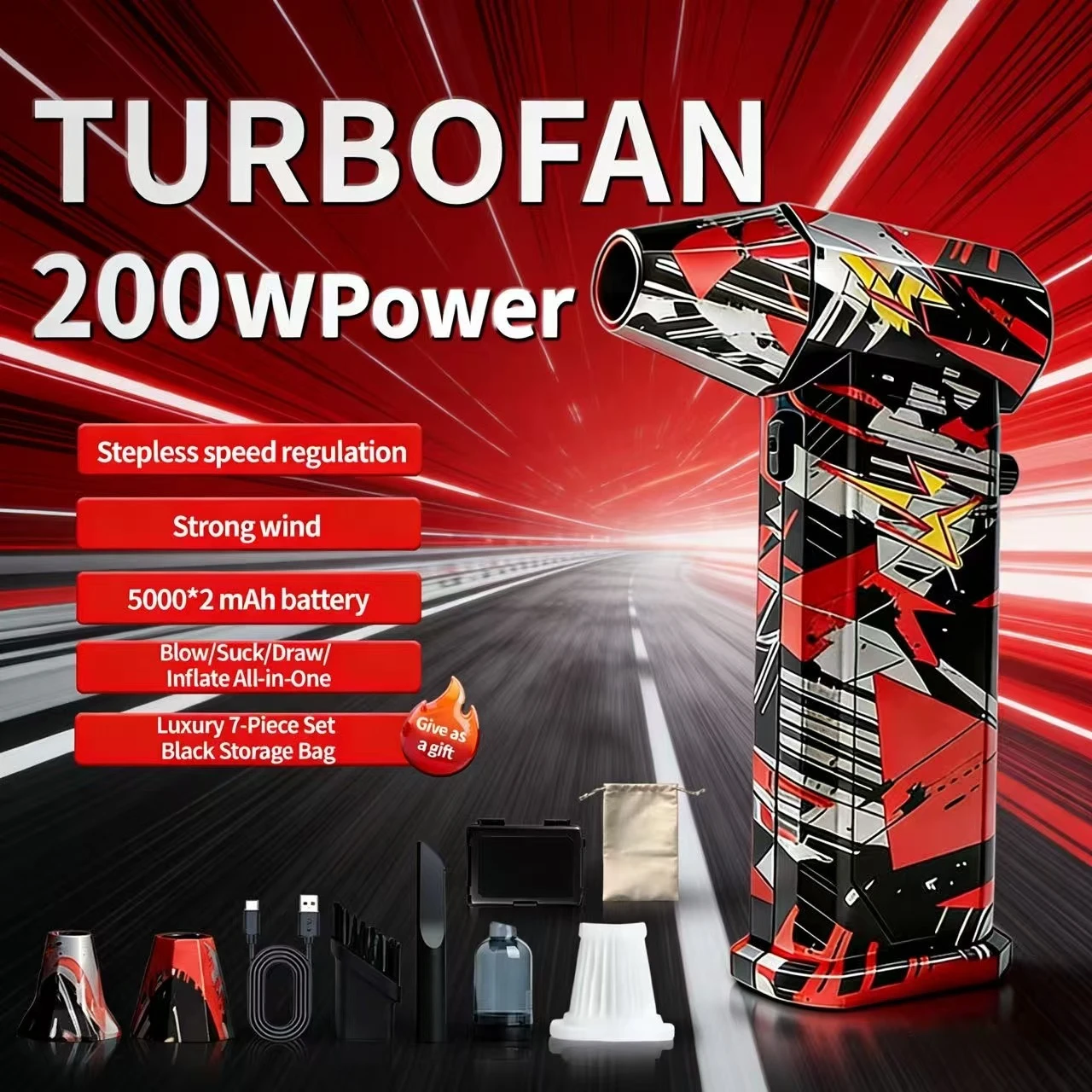 

X9 Серебристо-черно-красный бесщеточный вакуумный вентилятор, 300000 об/мин, скорость ветра 75 м/с, турбоструйная струя 3-в-1 для выдувания, мойка автомобилей