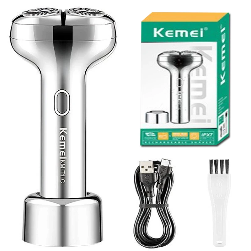 Kemei New Electric Shaver 2 Floating Razors Beard Trimmer Portable Magnetic Suction Blade Mens Electric Shaver with Storage Base