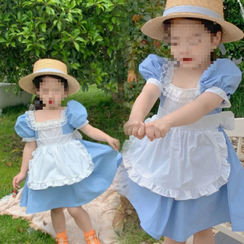 Girl's Dress New Blue Bubble Sleeves Palace Style Little Maid French Fake Two Piece Dress  Fashionable and Popular