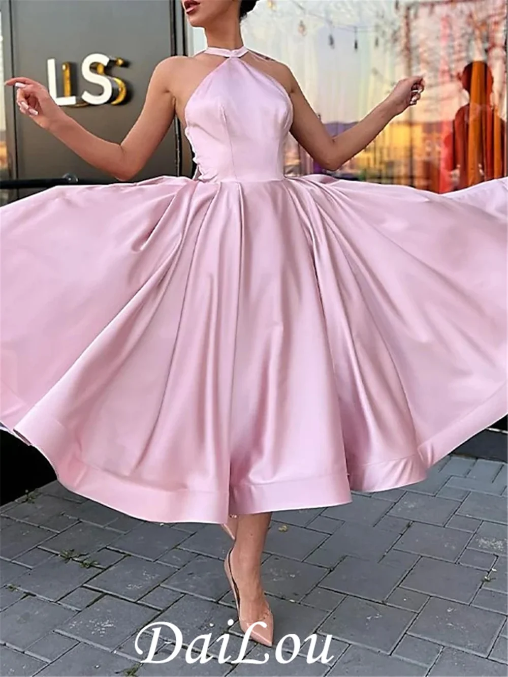 

A-Line Evening Dresses Plus Size Elegant Dress Homecoming Wedding Guest Tea-Length Halter Neck Sleeveless Satin with Butterfly