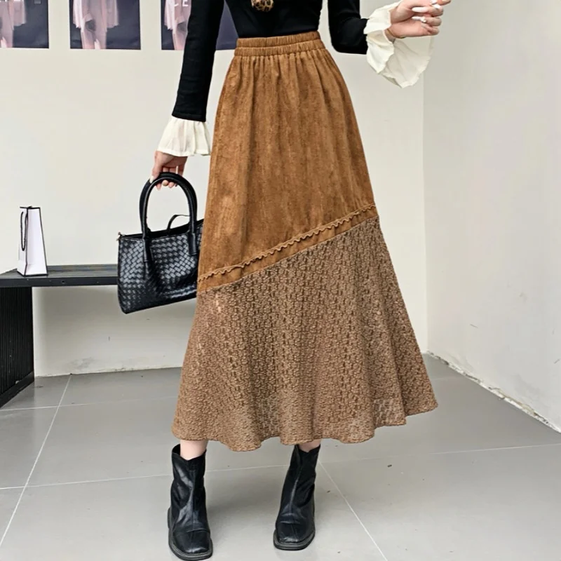 

Seoulish Autumn Winter Vintage Patchwork Hollow Out Women's A-line Skirts 2025 New High Waist Casual Loose Korean Umbrella Skirt