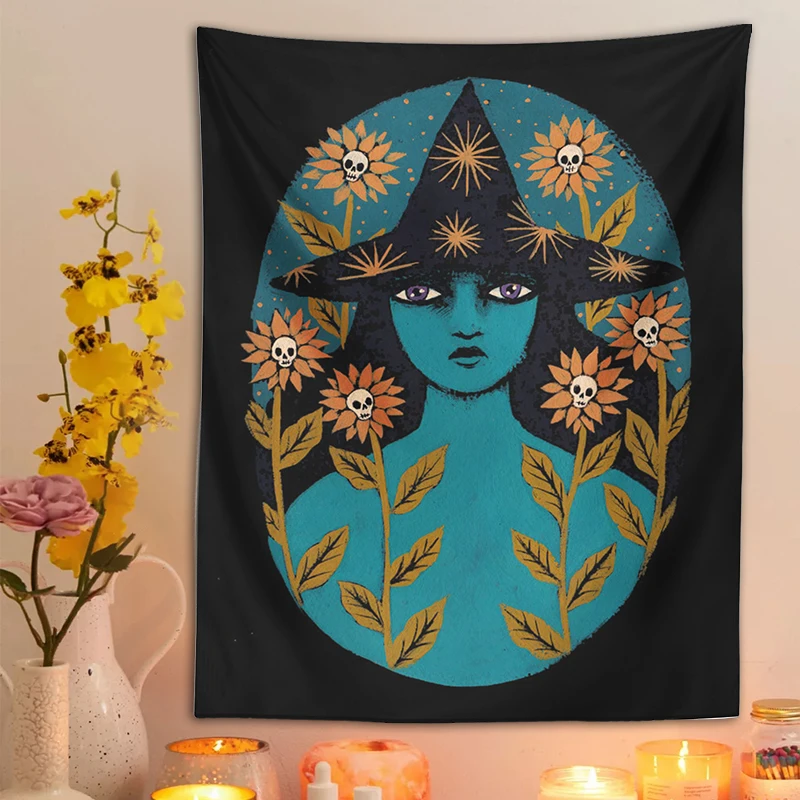 Blue Witches Tapestry Wall Hanging Botanical Magic Witchcraft Divination moon Tarot Oracle Sun Moon Home Room Decor Aesthetic