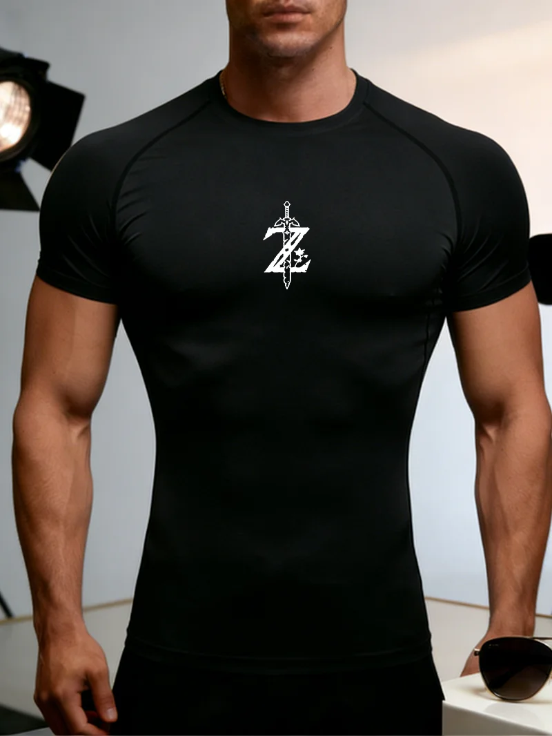 Men's Quick Dry Short Sleeve Running Moisture Wicking Round Neck T-Shirt Sword print Exercise Gym Sport Shirt Tops Lightweight