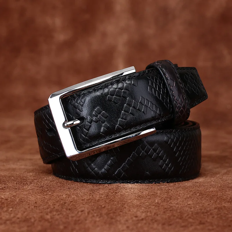 Ceinture en cuir de vachette véritable pour hommes, ceinture en cuir de vachette pur, ceinture de cow-boy, sangle de pantalon habillé masculin, motif de broche d'entreprise, 3.5cm