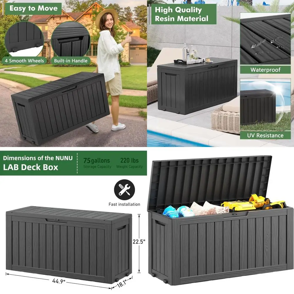 

Large Outdoor Storage Box - 75 Gallon Resin Deck Box with Waterproof Double Wall Panels for Garden Hose and Tool Storage