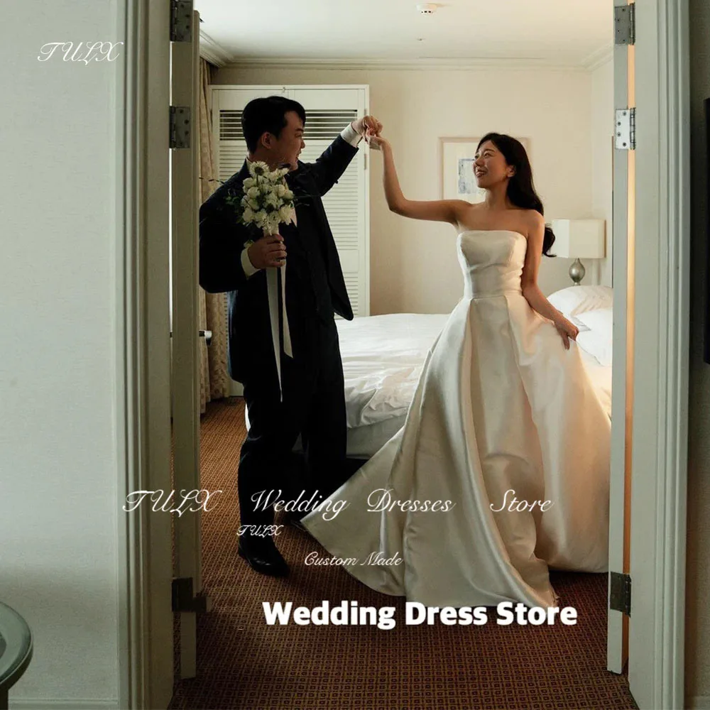 

TULX Simple Strapless Wedding Dress Korea Photoshoot A Line Satin Bridal Gowns Floor Length Sweep Corset Back 웨딩드레스 Plus size