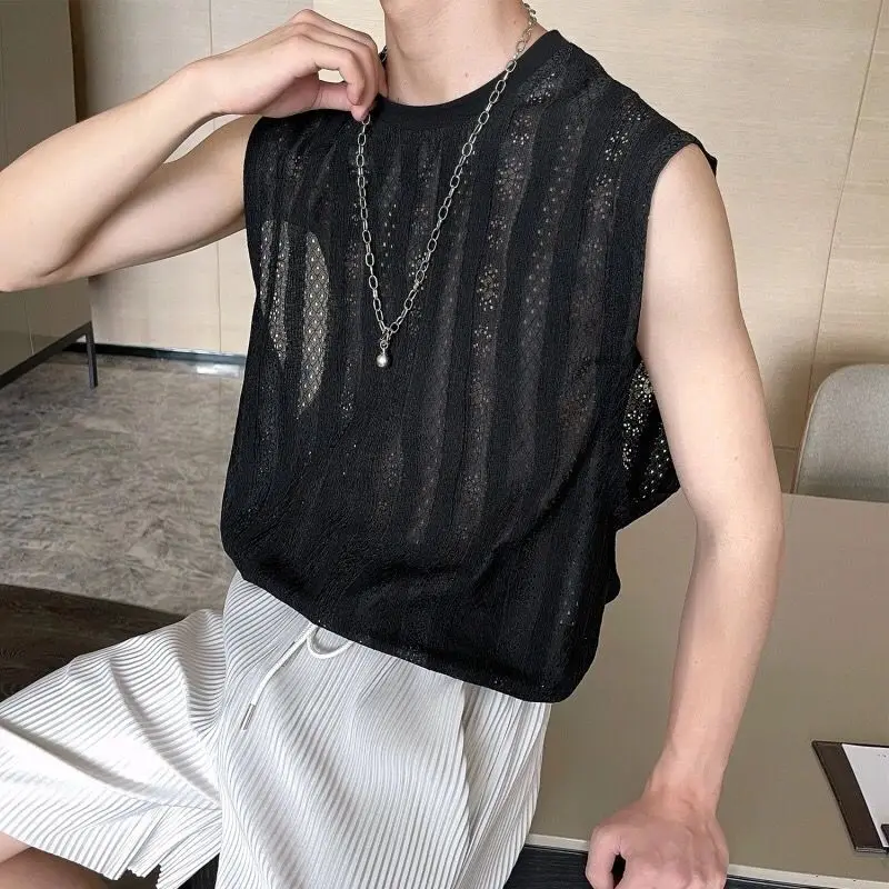 Black Lace Hollow Out Breathable Summer Fashion Sleeveless O Neck Men Sweatshirts Korean Casual Vest Oversized T Shirts Tank Top