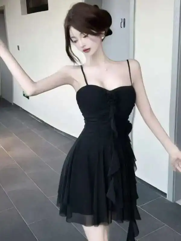 Erótico sexy bonito malha suspender tanque mini vestido folha de lótus renda multi-camada malha transparente vestido tentador elegante acx8