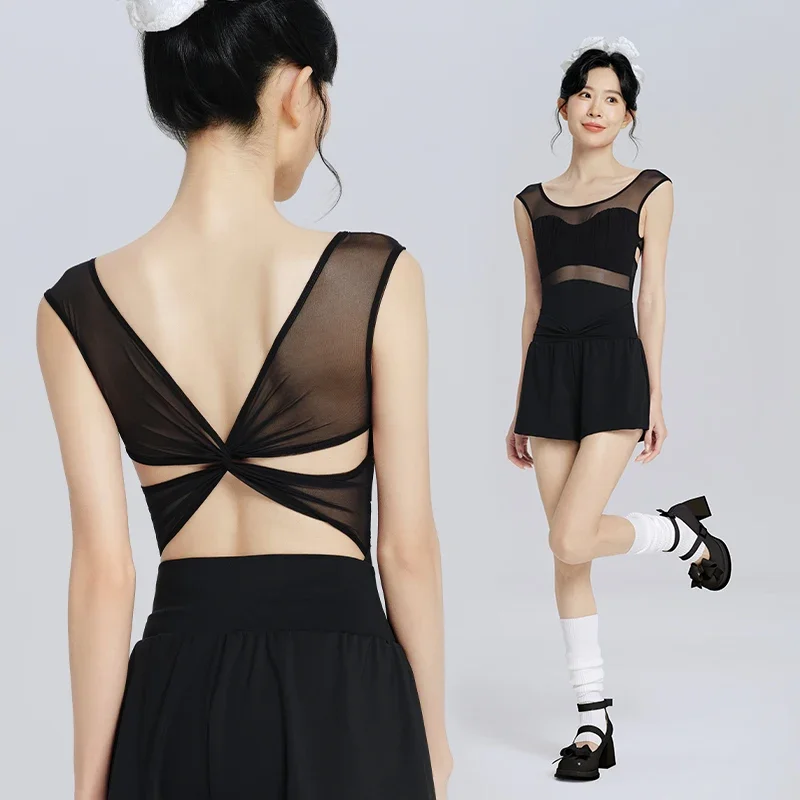 Nowe damskie trykoty baletowe Camisole Mesh Splice body bez rękawów skrzyżowane plecy gimnastyka kostiumy baletowe stroje kąpielowe
