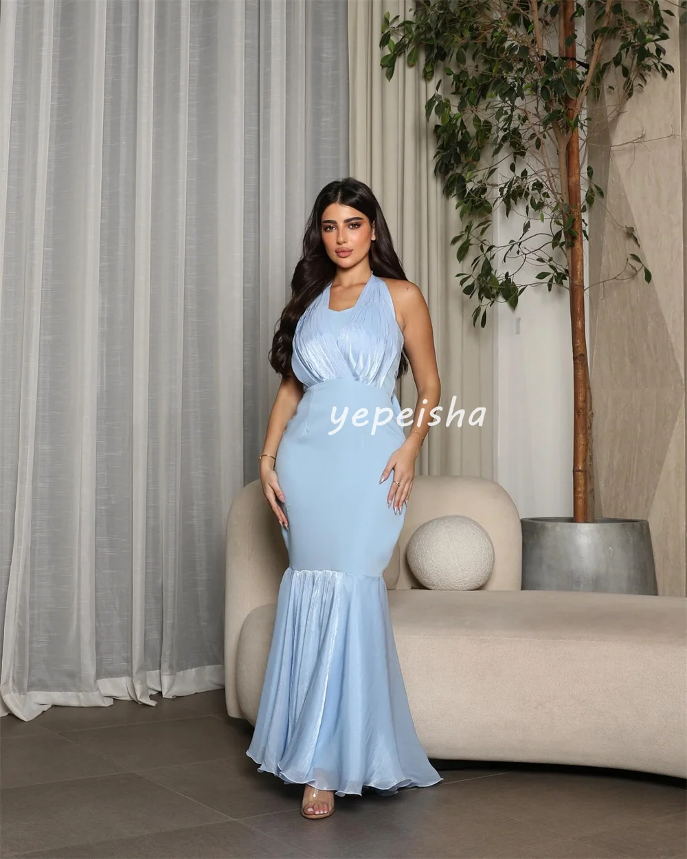 Customized Modern Style Sexy Jersey Pleat Bow Sequined Draped Mermaid Halter Midi Dresses Bespoke Occasion Dresses Exquisite