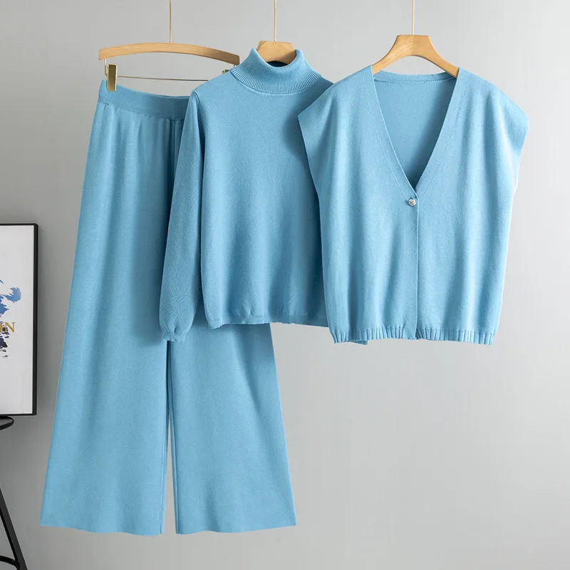 Sweater Suit Women Knitted 3 Piece Set Pullover Cardigan Vest Wide Leg Pants Knitwear Outfits Autumn Winter Knitting Ensemble