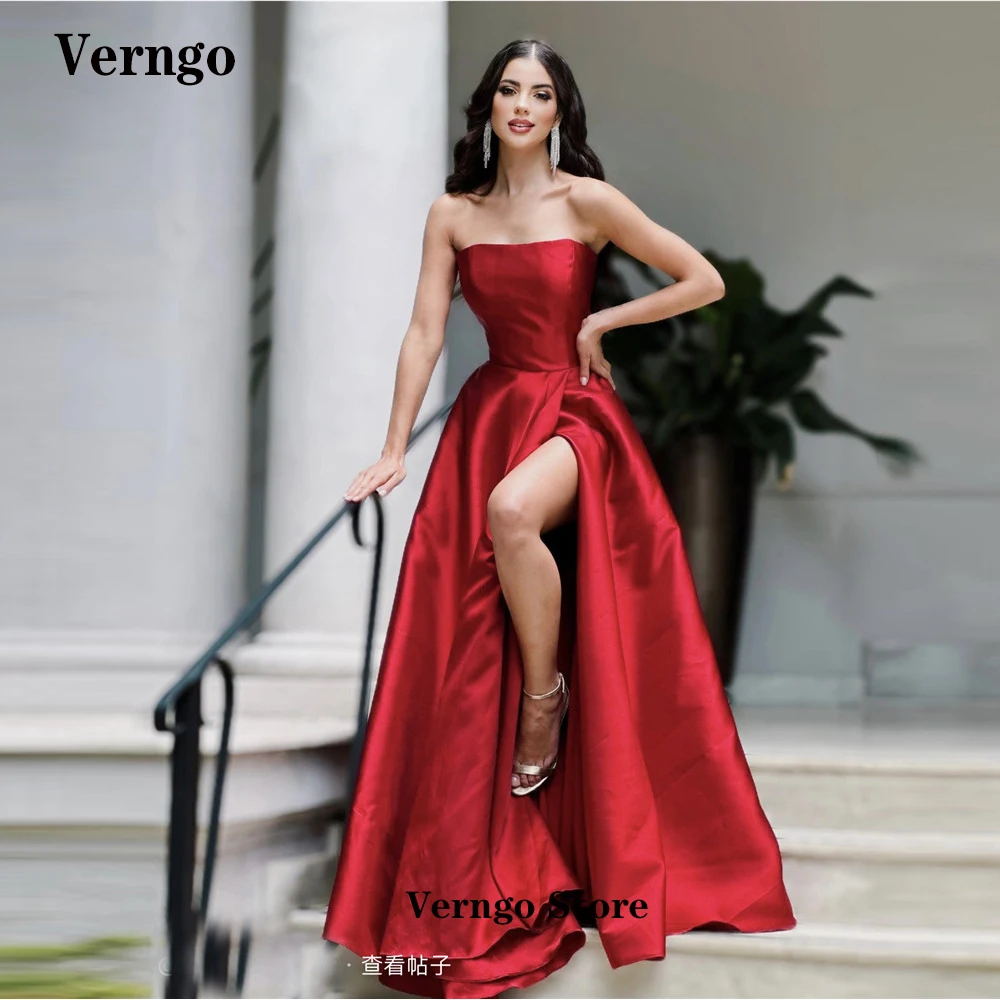 

Verngo Wine Red Satin Simple Evening Dresses Split Party Formal Dress Abendkleid 2023 Vestido de fiesta Navy Blue Prom Gowns