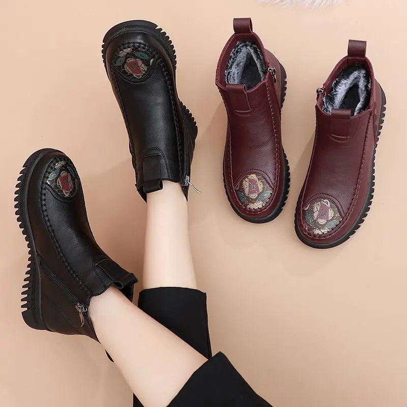 Winter Woman Genuine Leather Ankle Boots Women Waterproof Casual Shoes Female Thick Plush Warm Snow Boots Mother Non-slip Bootie