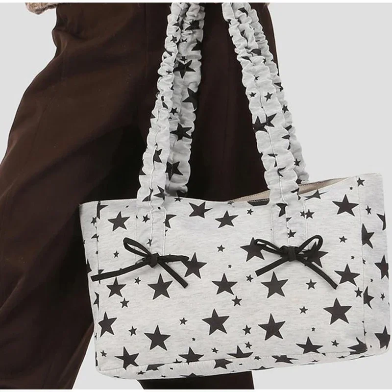 Schultertasche mit Polka-Dot-Schleife und Sternstreifen-Dekor, minimalistische, frische, lässige Nischen-Tragetasche, große Pendler-Handtasche für Damen – Detail 16